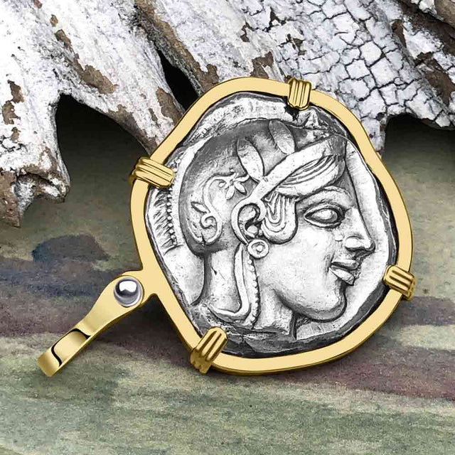 Ancient Greek Athena and the Owl Silver Tetradrachm circa 450 BC 14K Gold Pendant