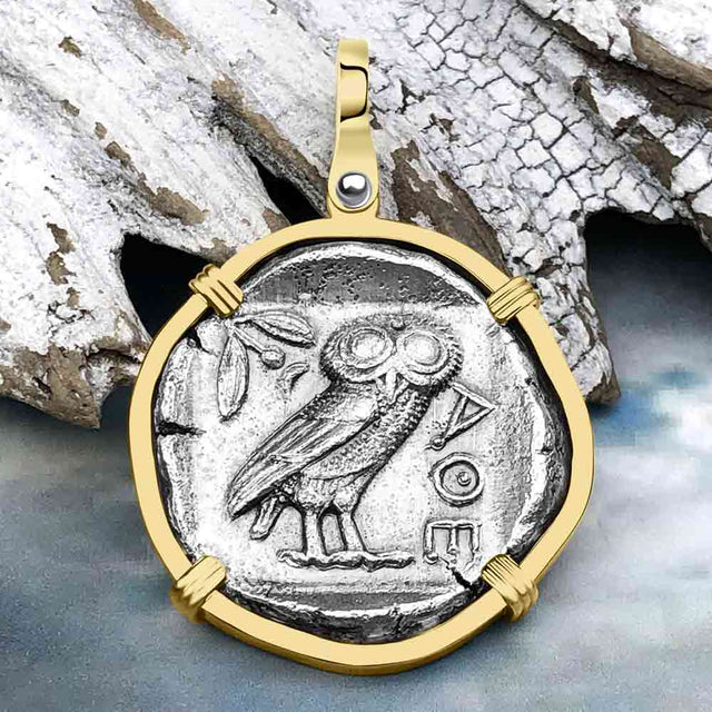 Ancient Greek Athena and the Owl Silver Tetradrachm circa 450 BC 14K Gold Pendant
