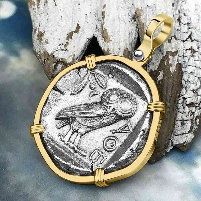 Ancient Greek Athena and the Owl Silver Tetradrachm circa 450 BC 14K Gold Pendant