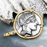 Ancient Greek Athena and the Owl Silver Tetradrachm circa 450 BC 14K Gold Pendant