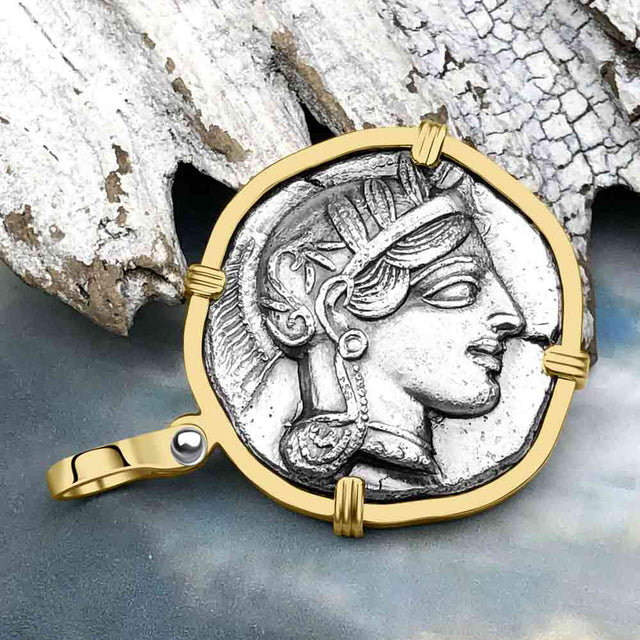 Ancient Greek Athena and the Owl Silver Tetradrachm circa 450 BC 14K Gold Pendant
