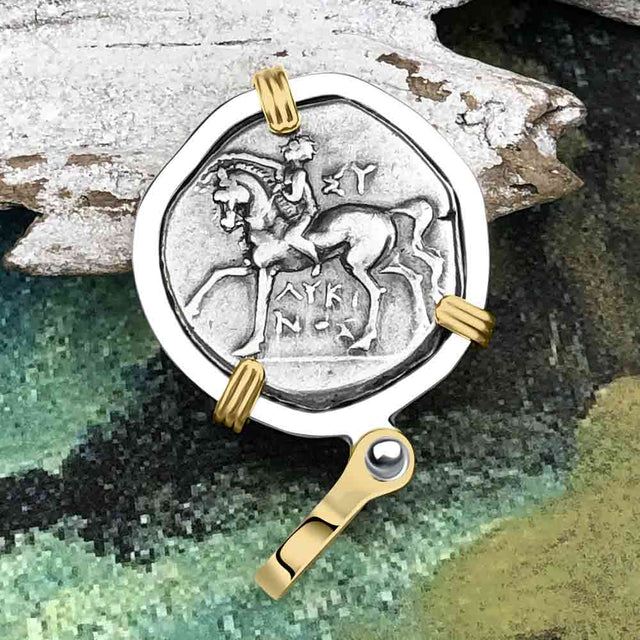 Ancient Greek Dolphin Rider “Boy on the Dolphin” Silver Nomos 14K Gold and Sterling Silver Pendant