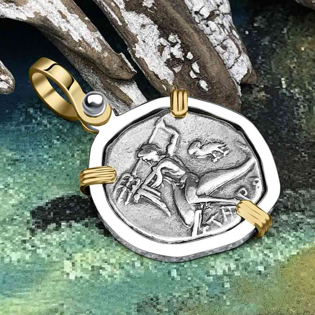Ancient Greek Dolphin Rider “Boy on the Dolphin” Silver Nomos 14K Gold and Sterling Silver Pendant