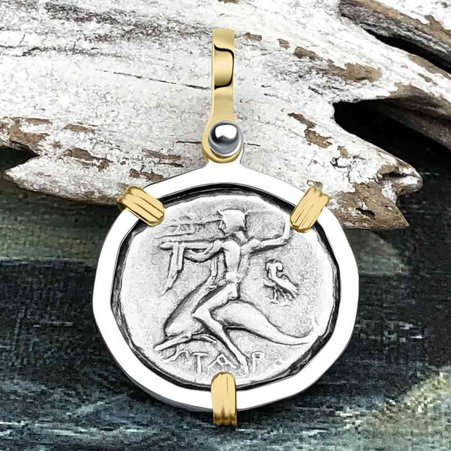 Ancient Greek Dolphin Rider “Boy on the Dolphin” Silver Nomos 14K Gold and Sterling Silver Pendant