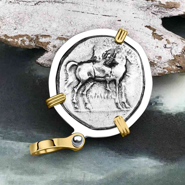 Ancient Greek Dolphin Rider “Boy on the Dolphin” Silver Nomos 14K Gold and Sterling Silver Pendant