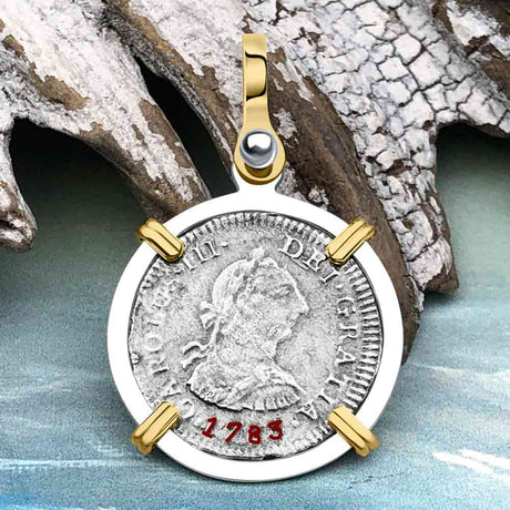 El Cazador Shipwreck 1783 1/2 Reale Piece of 8 14K Gold and Sterling Silver Pendant