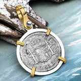 El Cazador Shipwreck 1783 1/2 Reale Piece of 8 14K Gold and Sterling Silver Pendant