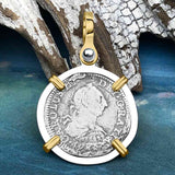 El Cazador Shipwreck 1783 1/2 Reale Piece of 8 14K Gold and Sterling Silver Pendant