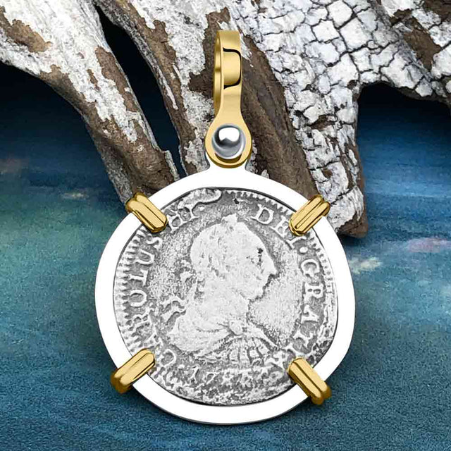 El Cazador Shipwreck 1783 1/2 Reale Piece of 8 14K Gold and Sterling Silver Pendant