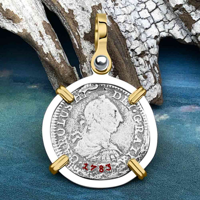 El Cazador Shipwreck 1783 1/2 Reale Piece of 8 14K Gold and Sterling Silver Pendant
