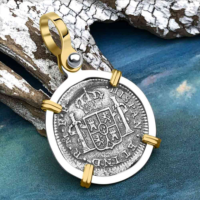 El Cazador Shipwreck 1783 1/2 Reale Piece of 8 14K Gold and Sterling Silver Pendant