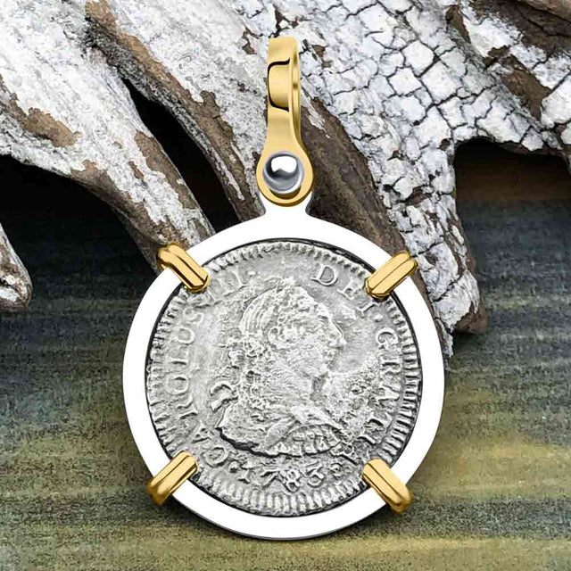 El Cazador Shipwreck 1783 1/2 Reale Piece of 8 14K Gold and Sterling Silver Pendant