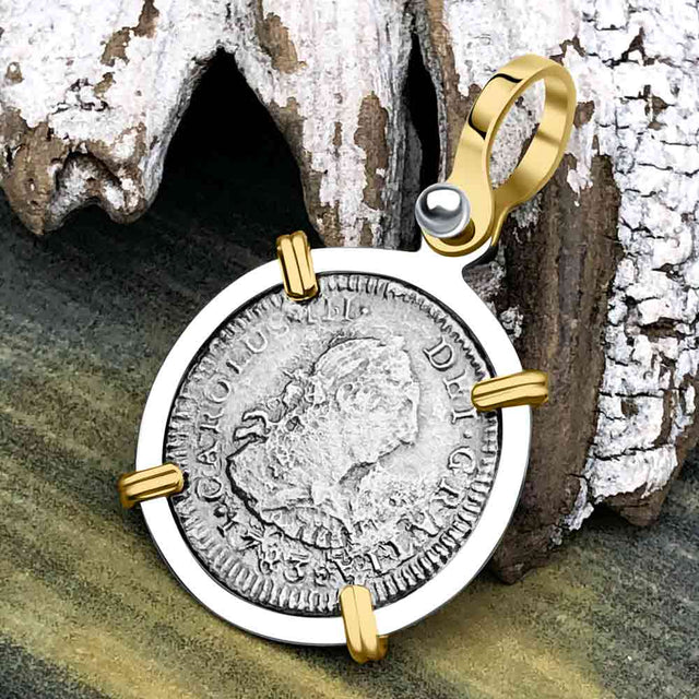 El Cazador Shipwreck 1783 1/2 Reale Piece of 8 14K Gold and Sterling Silver Pendant