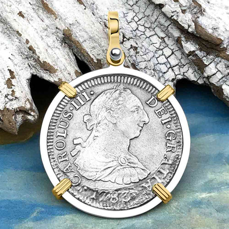 El Cazador Shipwreck 1783 2 Reale Piece of 8 14K Gold & Silver Treasure Coin Pendant
