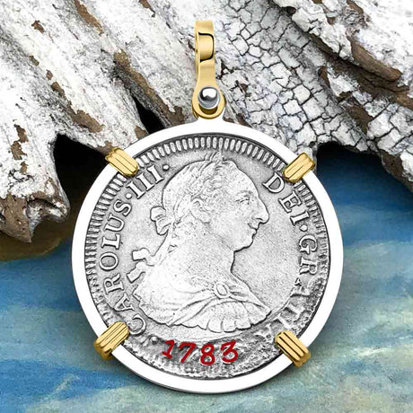 El Cazador Shipwreck 1783 2 Reale Piece of 8 14K Gold & Silver Treasure Coin Pendant