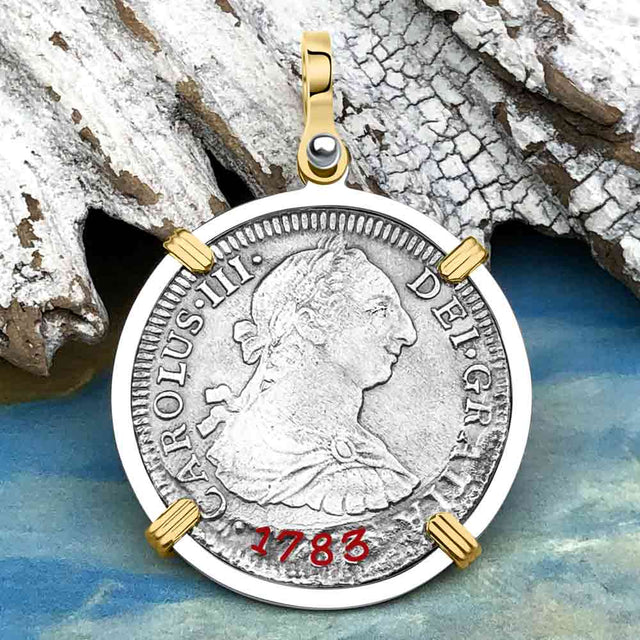 El Cazador Shipwreck 1783 2 Reale Piece of 8 14K Gold & Silver Treasure Coin Pendant