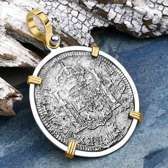El Cazador Shipwreck 1783 2 Reale Piece of 8 14K Gold & Silver Treasure Coin Pendant
