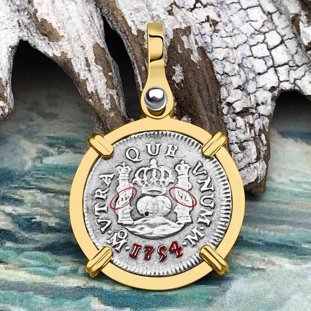 El Cazador Shipwreck 1754 RARE Pillar Dollar 1/2 Reale Piece of 8 14K Gold Pendant