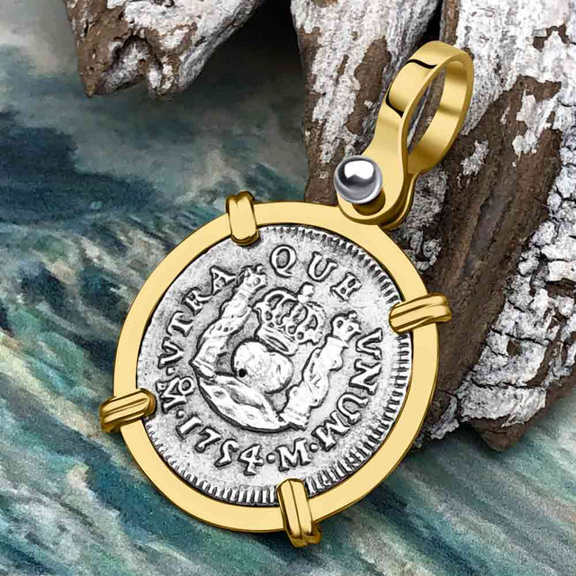 El Cazador Shipwreck 1754 RARE Pillar Dollar 1/2 Reale Piece of 8 14K Gold Pendant