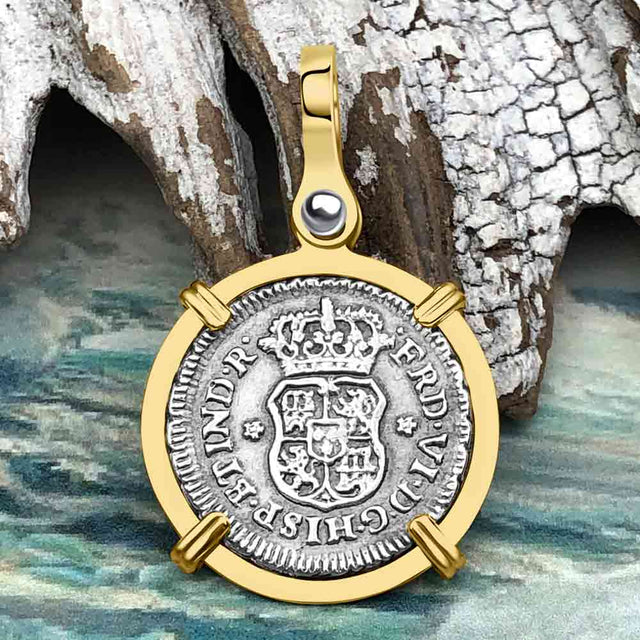 El Cazador Shipwreck 1754 RARE Pillar Dollar 1/2 Reale Piece of 8 14K Gold Pendant