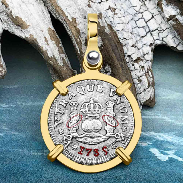 El Cazador Shipwreck 1739 RARE Pillar Dollar 1/2 Reale Piece of 8 14K Gold Pendant