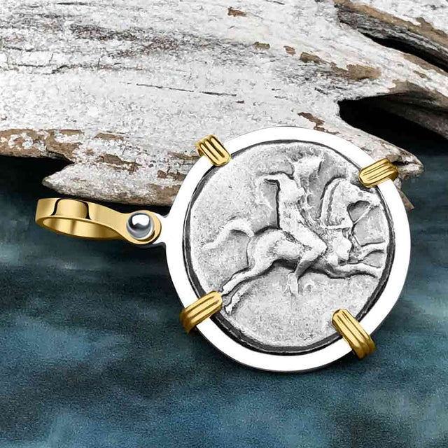 Ancient Greek Dolphin Rider “Boy on the Dolphin” Silver Nomos 14K Gold and Sterling Silver Pendant