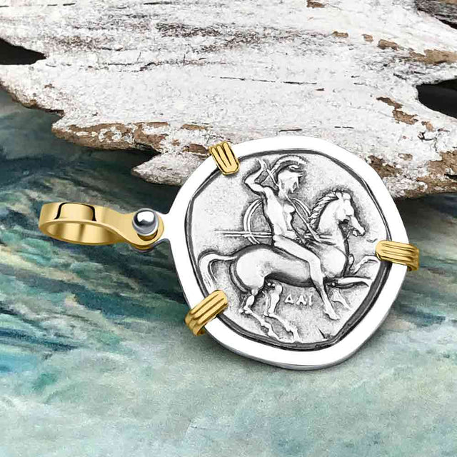 Ancient Greek Dolphin Rider “Boy on the Dolphin” Silver Nomos 14K Gold and Sterling Silver Pendant