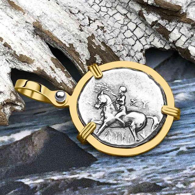 Ancient Greek Dolphin Rider “Boy on the Dolphin” Silver Nomos 14K Gold Pendant