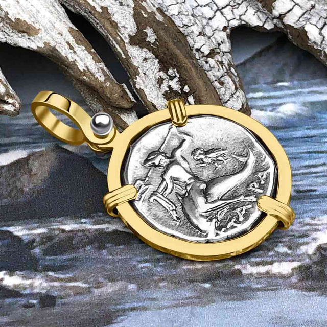 Ancient Greek Dolphin Rider “Boy on the Dolphin” Silver Nomos 14K Gold Pendant