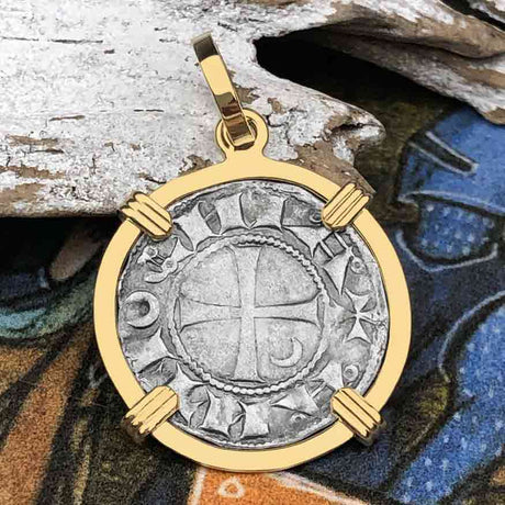 Templar Knights Era Antioch Crusader Medieval Silver Denier - Helmet Head - Coin of the Crusades 14K Gold Pendant