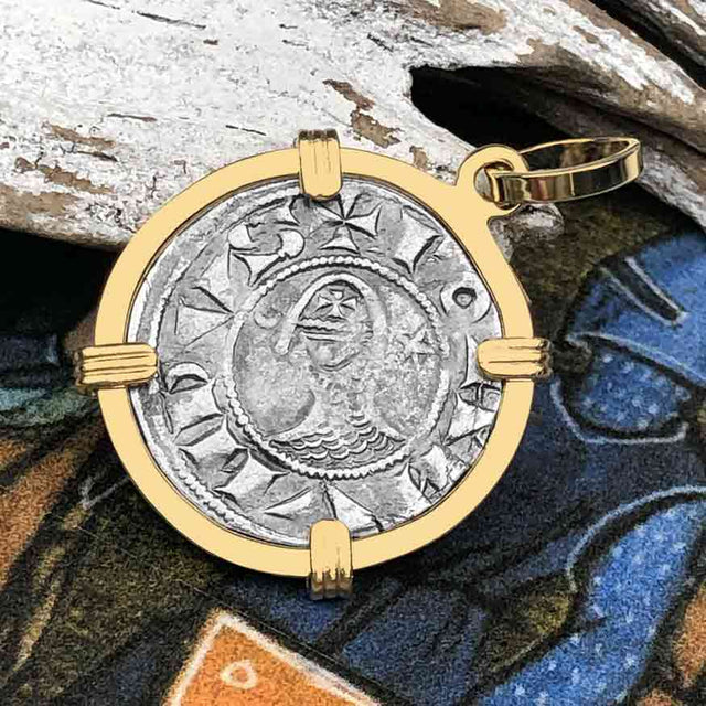 Templar Knights Era Antioch Crusader Medieval Silver Denier - Helmet Head - Coin of the Crusades 14K Gold Pendant