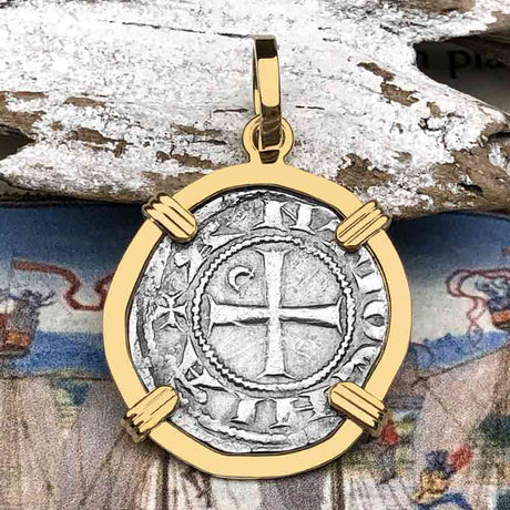 Templar Knights Era Antioch Crusader Medieval Silver Denier - Helmet Head - Coin of the Crusades 14K Gold Pendant
