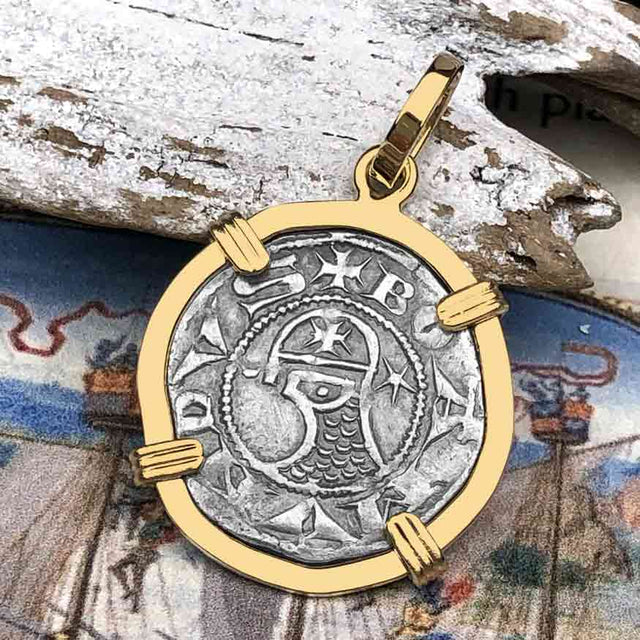Templar Knights Era Antioch Crusader Medieval Silver Denier - Helmet Head - Coin of the Crusades 14K Gold Pendant