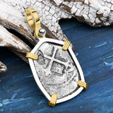 1715 Fleet Shipwreck Pirate Era Spanish 2 Reale "Piece of 8" 14K Gold and Sterling Silver Pendant