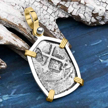 1715 Fleet Shipwreck Pirate Era Spanish 2 Reale "Piece of 8" 14K Gold and Sterling Silver Pendant
