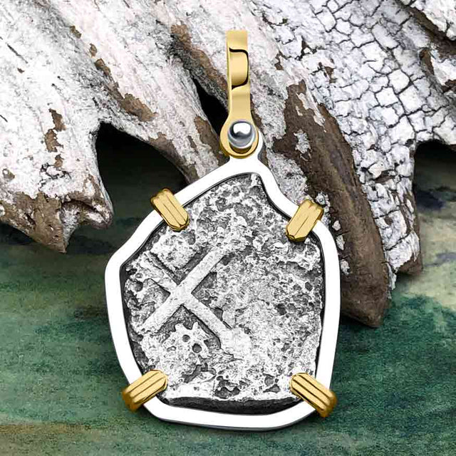 1715 Fleet Shipwreck Pirate Era Spanish 2 Reale "Piece of 8" 14K Gold and Sterling Silver Pendant