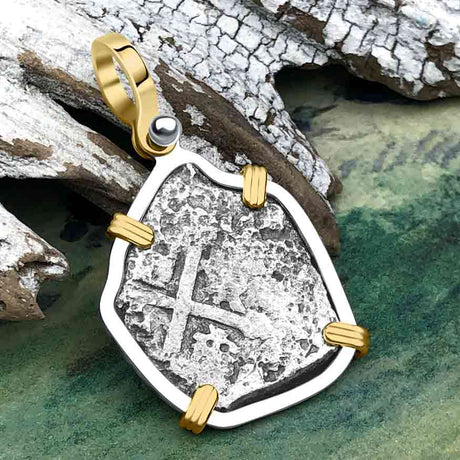 1715 Fleet Shipwreck Pirate Era Spanish 2 Reale "Piece of 8" 14K Gold and Sterling Silver Pendant