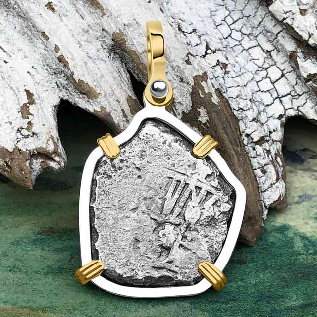 1715 Fleet Shipwreck Pirate Era Spanish 2 Reale "Piece of 8" 14K Gold and Sterling Silver Pendant