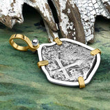1715 Fleet Shipwreck Pirate Era Spanish 2 Reale "Piece of 8" 14K Gold and Sterling Silver Pendant