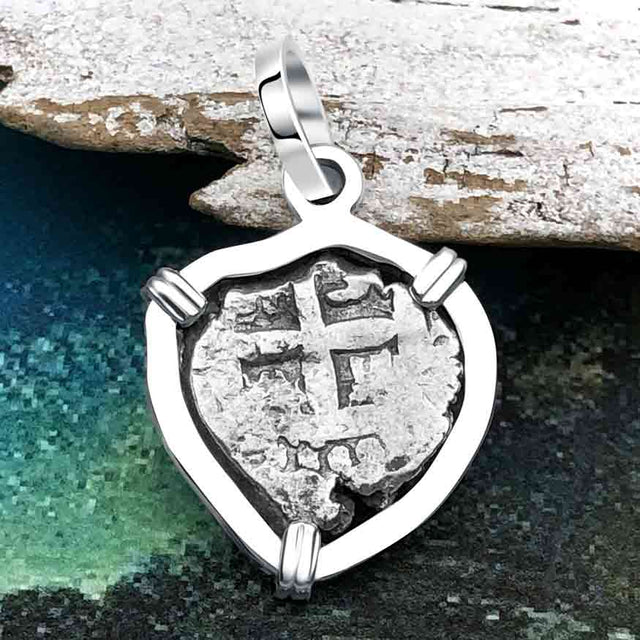 Heart Shaped 1750s Rimac River "Good Luck" Spanish 1/2 Reale "Piece of Eight" Sterling Silver Pendant