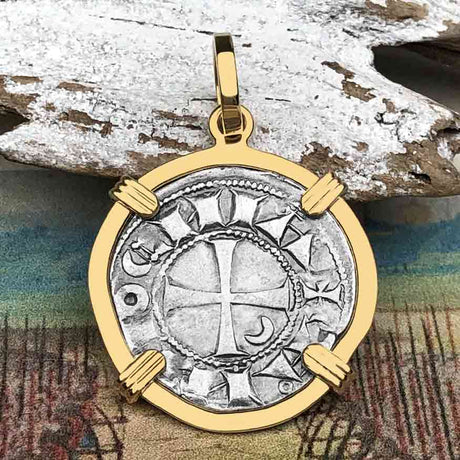 Templar Knights Era Antioch Crusader Medieval Silver Denier - Helmet Head - Coin of the Crusades 14K Gold Pendant