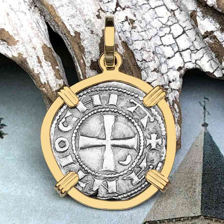 Templar Knights Era Antioch Crusader Medieval Silver Denier - Helmet Head - Coin of the Crusades 14K Gold Pendant