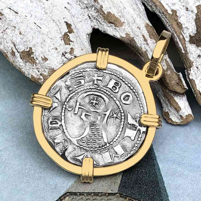 Templar Knights Era Antioch Crusader Medieval Silver Denier - Helmet Head - Coin of the Crusades 14K Gold Pendant