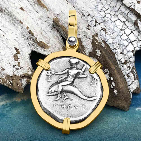 Ancient Greek Dolphin Rider “Boy on the Dolphin” Silver Nomos 14K Gold Pendant