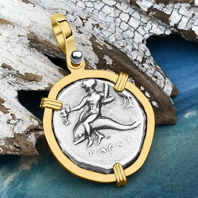 Ancient Greek Dolphin Rider “Boy on the Dolphin” Silver Nomos 14K Gold Pendant