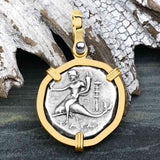Ancient Greek Dolphin Rider “Boy on the Dolphin” Silver Nomos 14K Gold Pendant