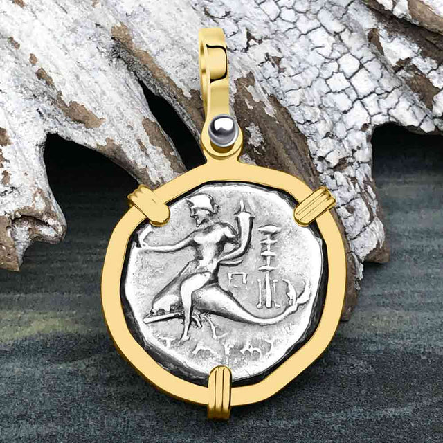 Ancient Greek Dolphin Rider “Boy on the Dolphin” Silver Nomos 14K Gold Pendant