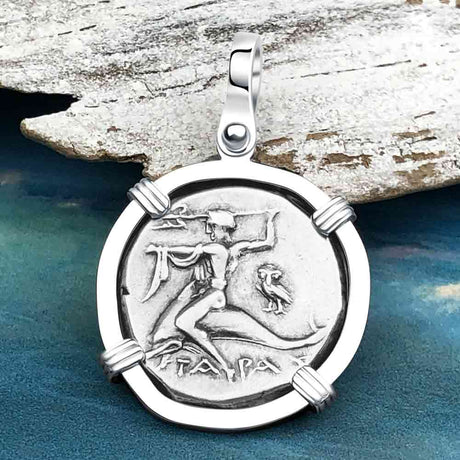Ancient Greek Dolphin Rider “Boy on the Dolphin” Silver Nomos 14K White Gold Pendant