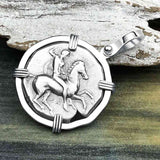 Ancient Greek Dolphin Rider “Boy on the Dolphin” Silver Nomos 14K White Gold Pendan