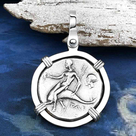 Ancient Greek Dolphin Rider “Boy on the Dolphin” Silver Nomos 14K White Gold Pendant